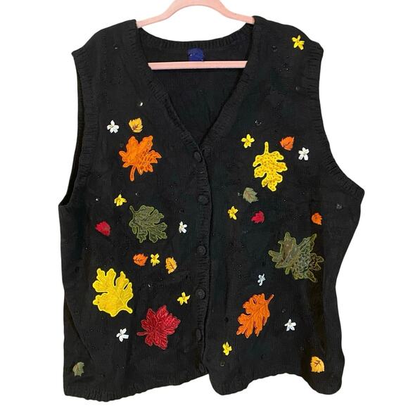 Vintage Basic Editions Fall Leaf Sweater Vest 3X Black Knit Autumn Theme grandma - Picture 1 of 6